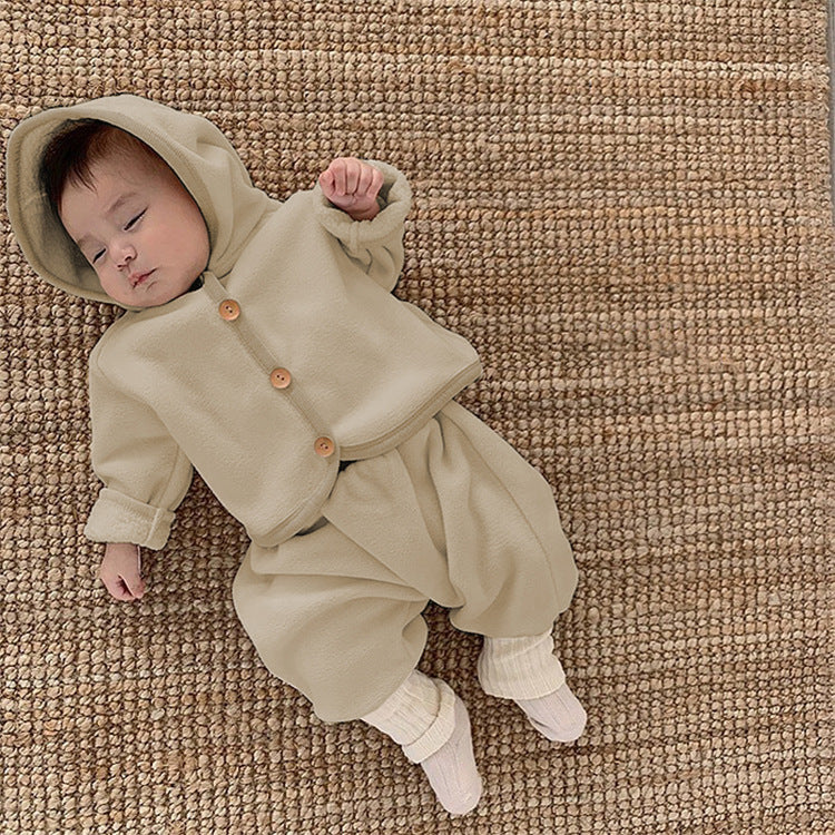 Baby Clothing Fur Lining Infant Suit Hoodies Coat Full Length Pants 2 Pcs