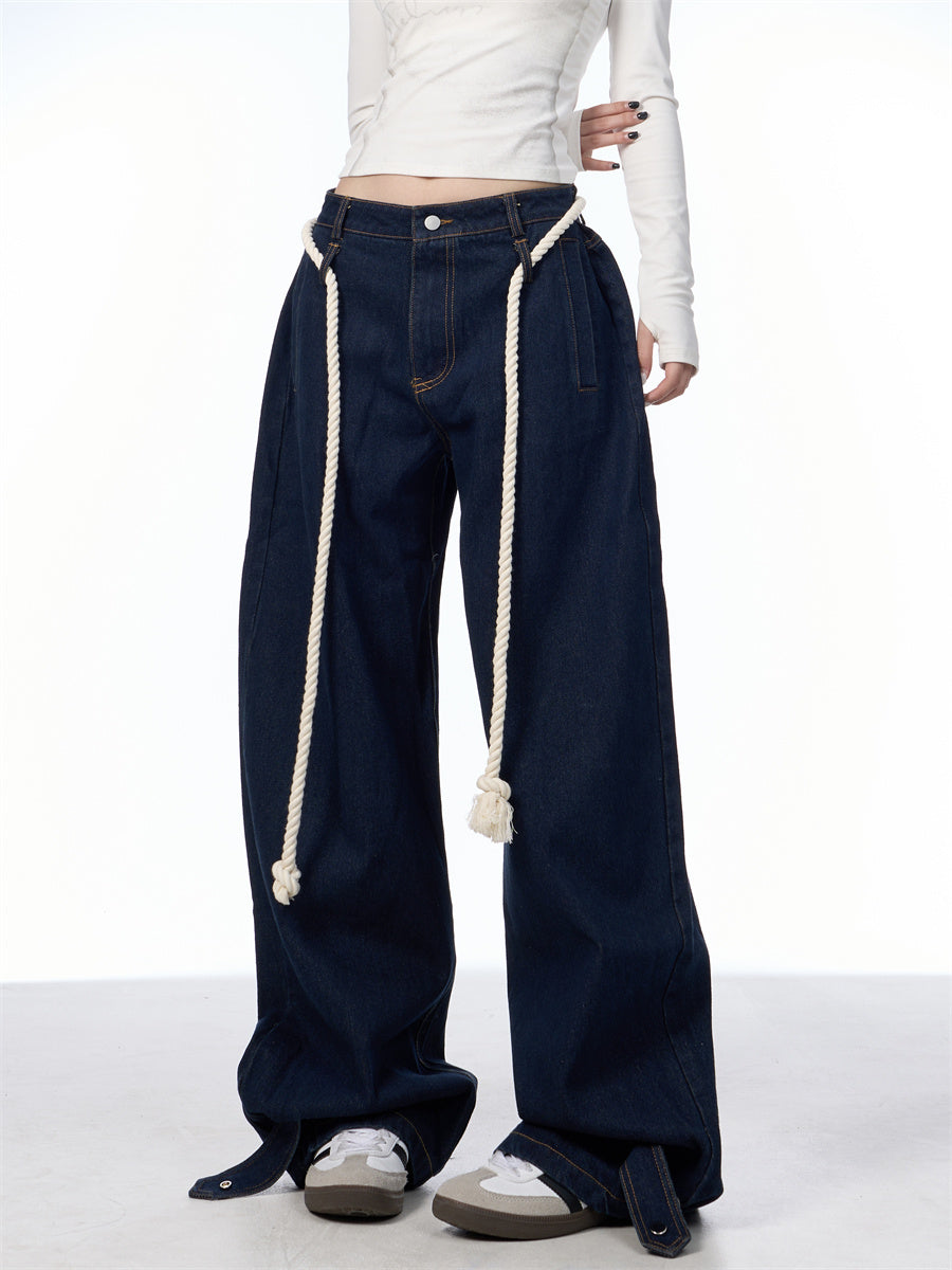Washed Black Loose Straight Wide Leg White Stitching Jeans
