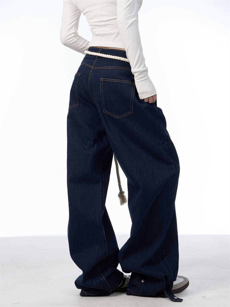Washed Black Loose Straight Wide Leg White Stitching Jeans