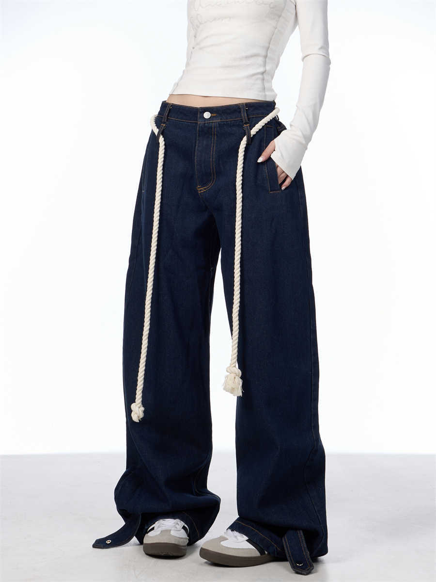 Washed Black Loose Straight Wide Leg White Stitching Jeans