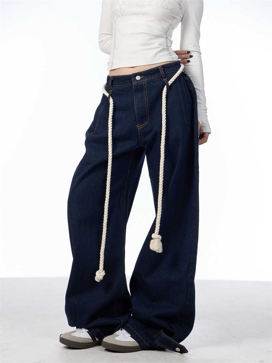 Washed Black Loose Straight Wide Leg White Stitching Jeans
