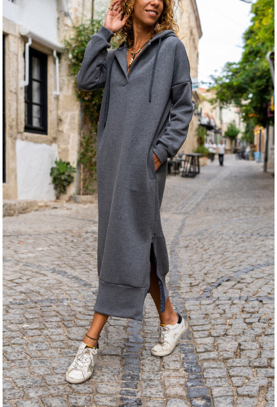 Autumn And Winter New Loose Oversized Knit Hooded Dress Fleece-lined Casual Fashion