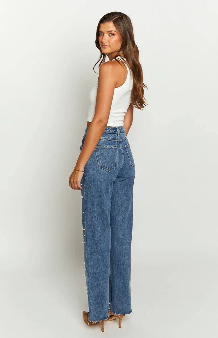 Oblique Waist Cross Beaded Straight-leg Frayed Hem Jeans