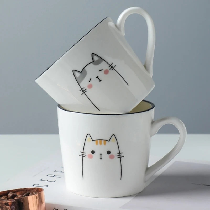 Breakfast Ceramic Milk Coffee Cup Couple Personality Creative Coffee Cup Cartoon Cat Pattern Kitchen Gadgets