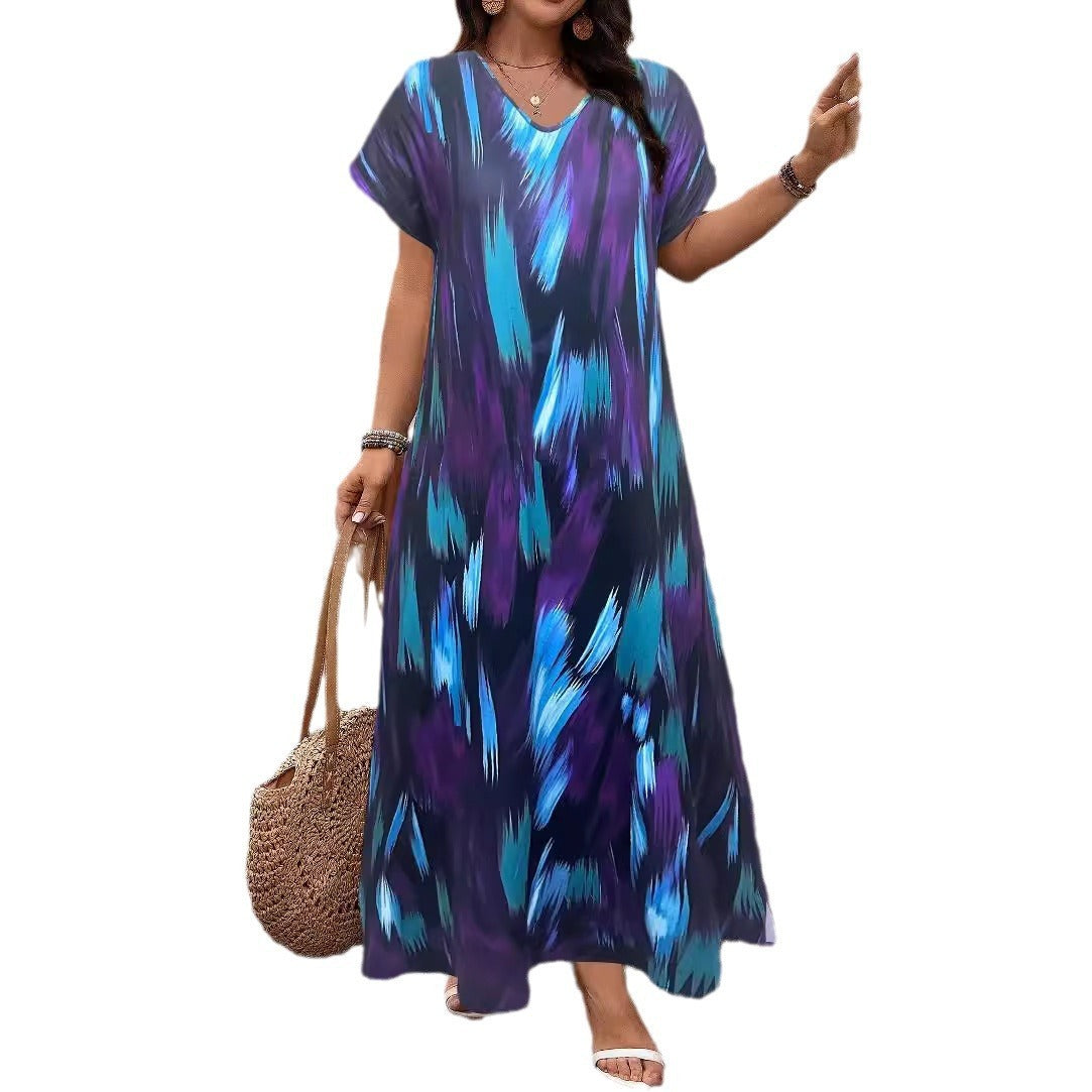 Printed Slit Hemline At Hem Plus Size Women's Clothing Dress Women