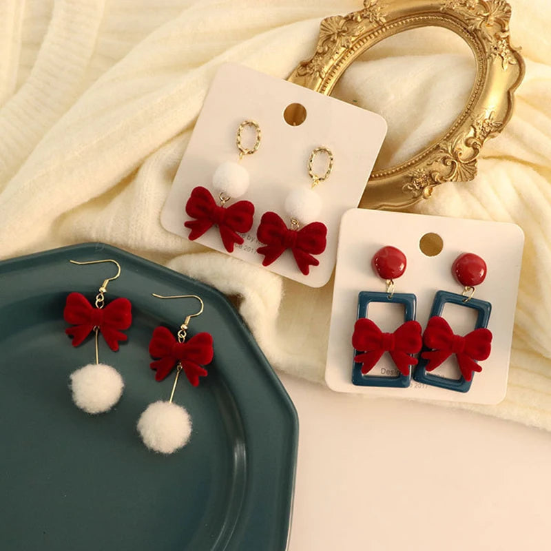 Christmas Wine Red Velvet Bow Earrings