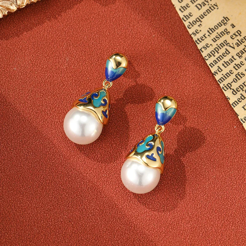 Pearl Dropping Oil Retro Style Earrings