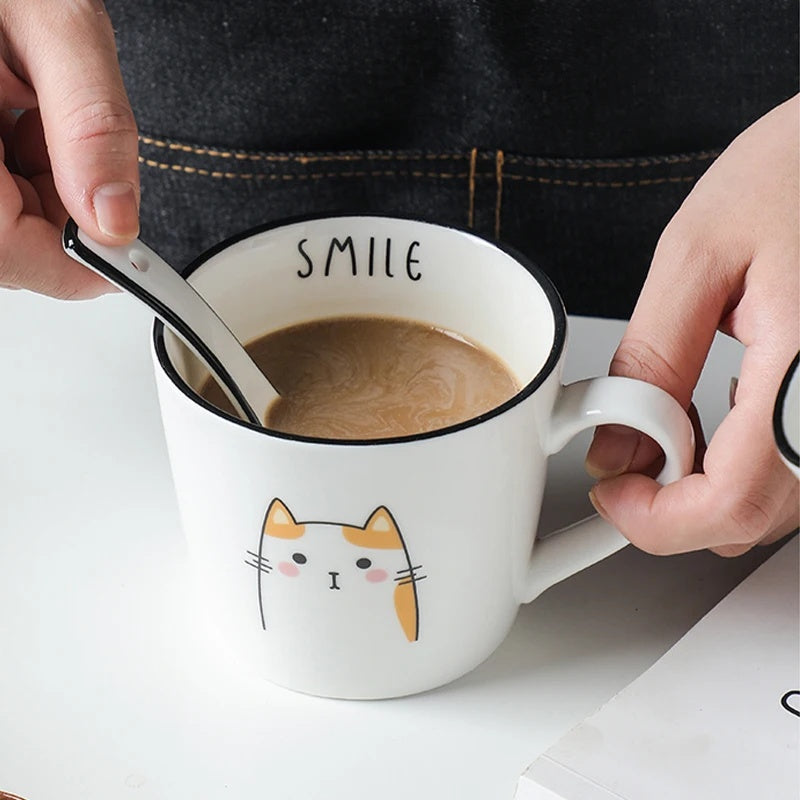 Breakfast Ceramic Milk Coffee Cup Couple Personality Creative Coffee Cup Cartoon Cat Pattern Kitchen Gadgets