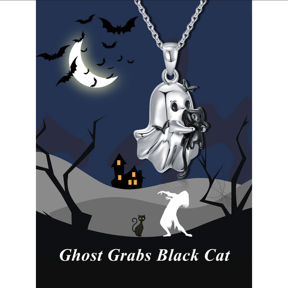 Halloween Ghost Black Cat Bat Pendant Necklace