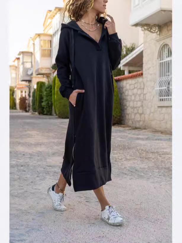 Autumn And Winter New Loose Oversized Knit Hooded Dress Fleece-lined Casual Fashion