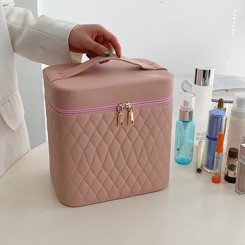 Portable Cosmetic Bag With Mirror Design Fashion Rhombus-Embroidery Double-layer Suitcase Large Capacity Make-up Storage Bags For Women