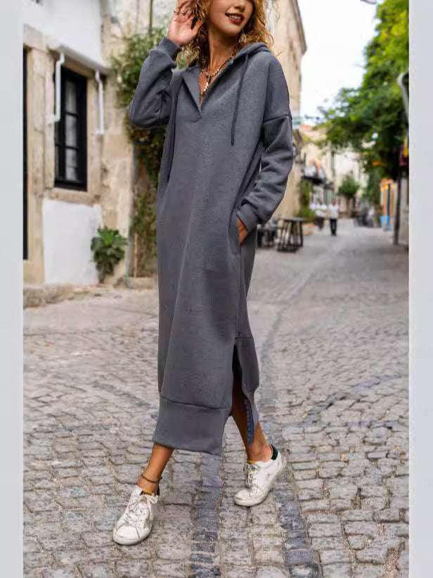 Autumn And Winter New Loose Oversized Knit Hooded Dress Fleece-lined Casual Fashion