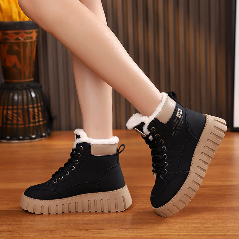 Ins Lace-up Snow Boots Winter Warm Fleece Flat Shoes For Women Fashion Casual Plush Ankle Boot